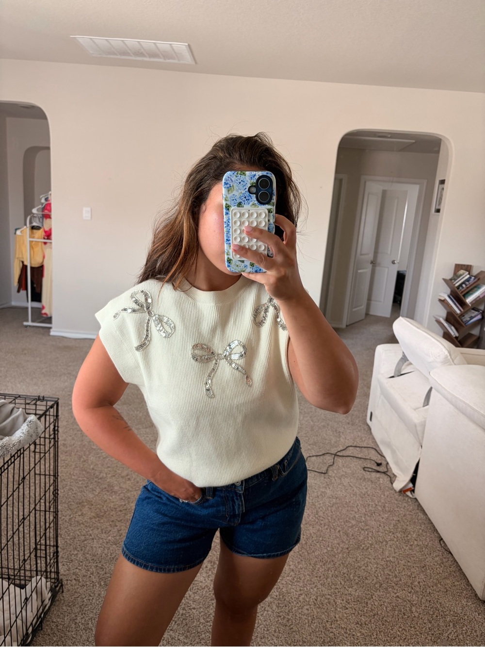 She + Sky Cream Sequin Bow Detail Sleeveless Knit Top